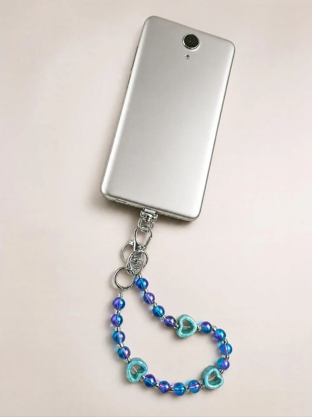 Handcrafted Iridescent Blue & Purple Glass Bead Heart Phone Wristlet